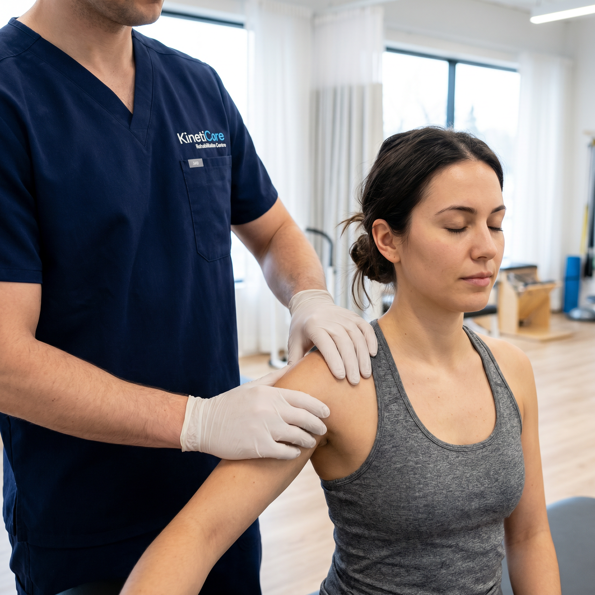 Chiropractor assessing patient's shoulder mobility and function at KC Rehab in Markham