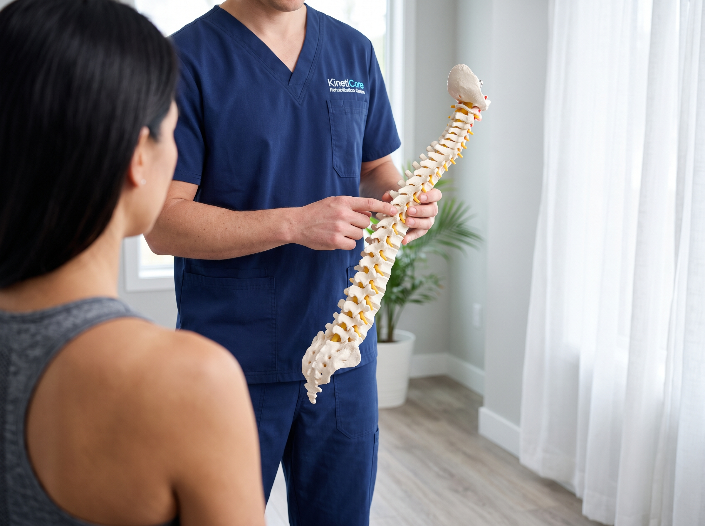 Chiropractor holding a spine model while explaining spinal health to a patient at KC Rehab